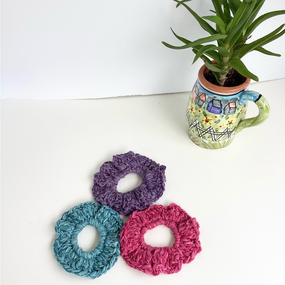 Hair Accessories Scrunchies Hand Crafted Mohair Silk Blue Purple Mauve Crochet - Picture 2 of 11